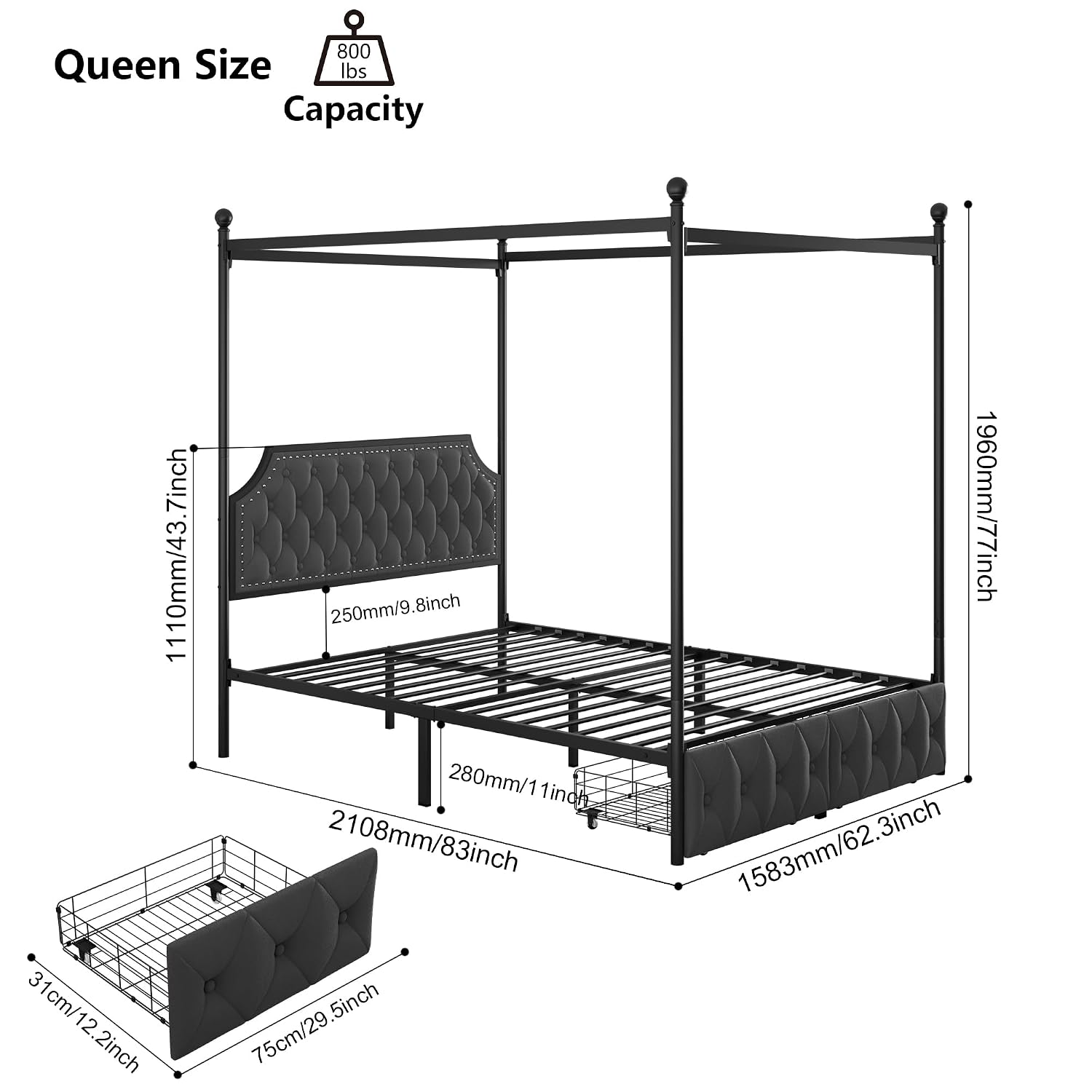 Canopy Bed Frame Metal Queen - Estructura de cama con dosel y