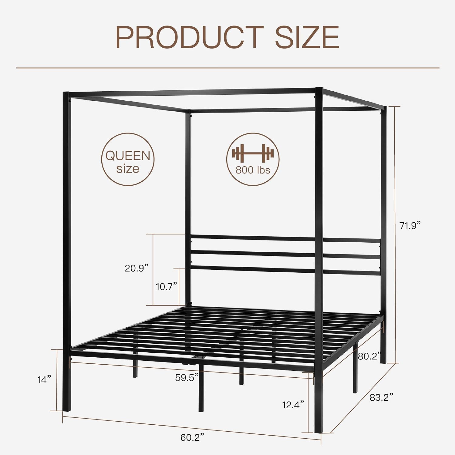 Canopy Bed Frame Metal Queen - Estructura de cama con dosel metálico,