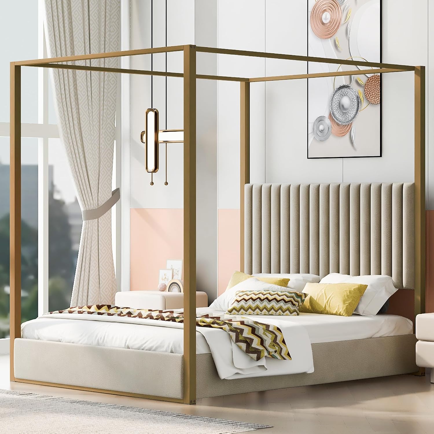 Cama moderna con dos postes y  - Canopy Bed Frame Metal Queen reseña y precio