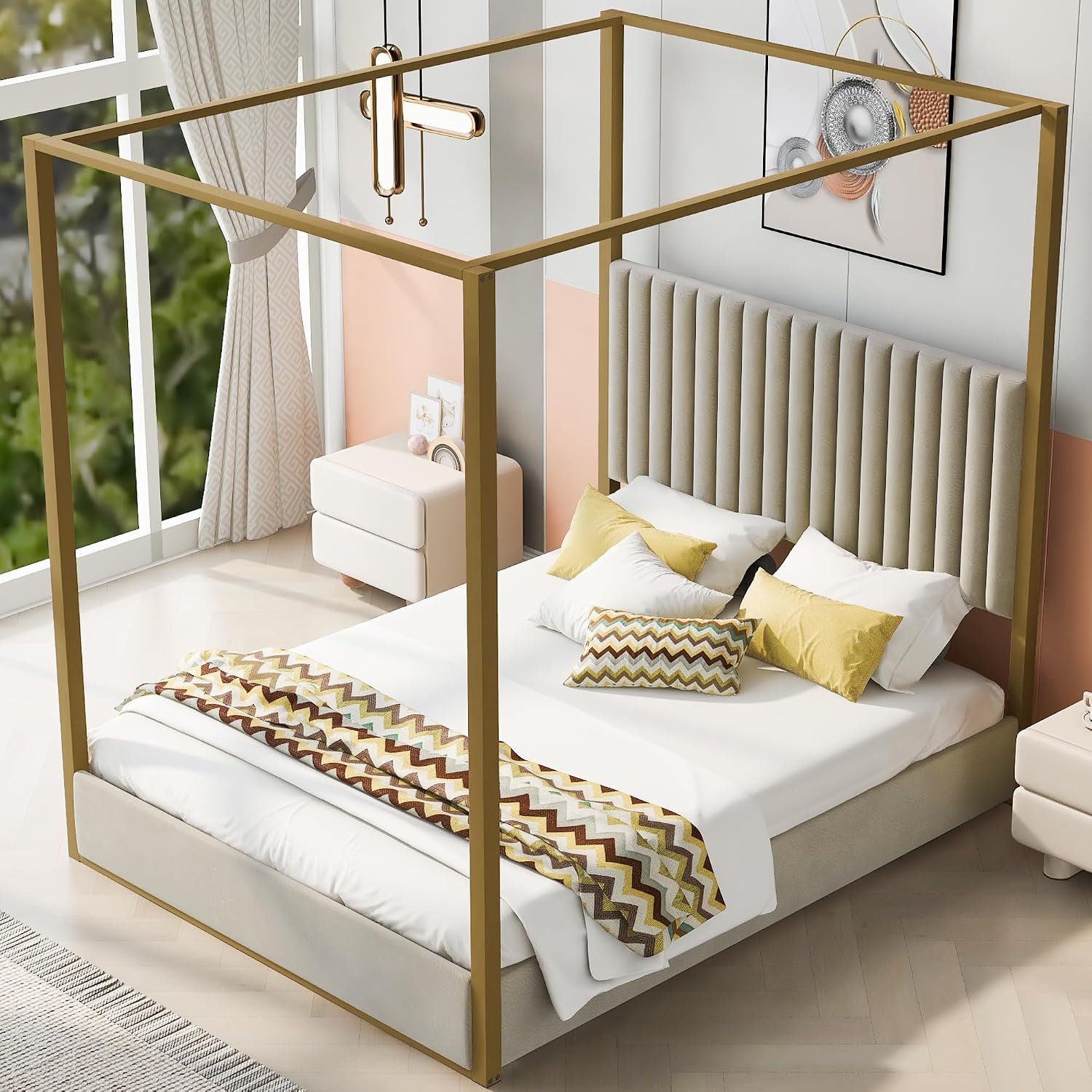 Cama moderna con dos postes y  - Canopy Bed Frame Metal Queen reseña y precio