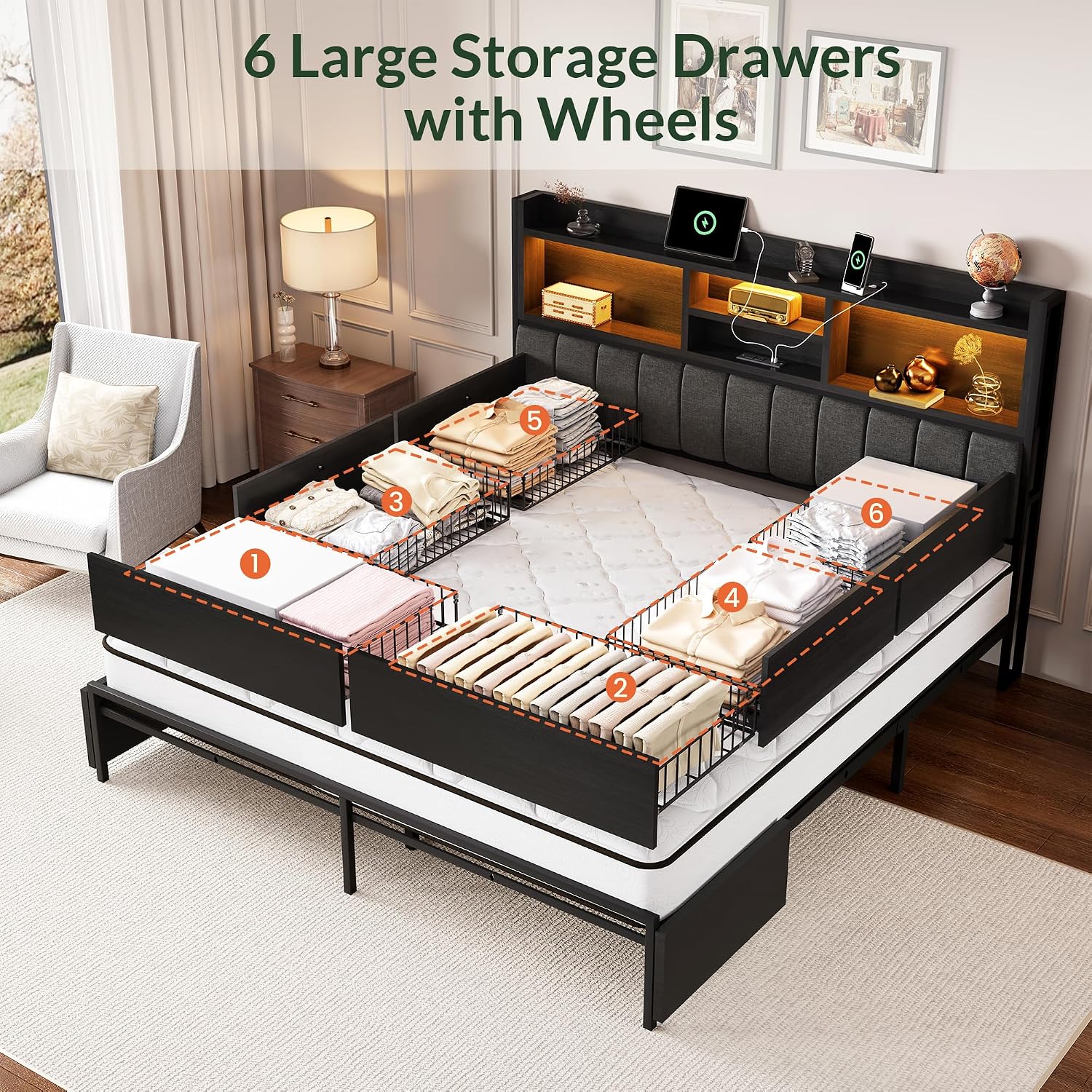 Base de Cama King Size con 6 C - King Size Bed Frame With Storage Drawers reseña y precio