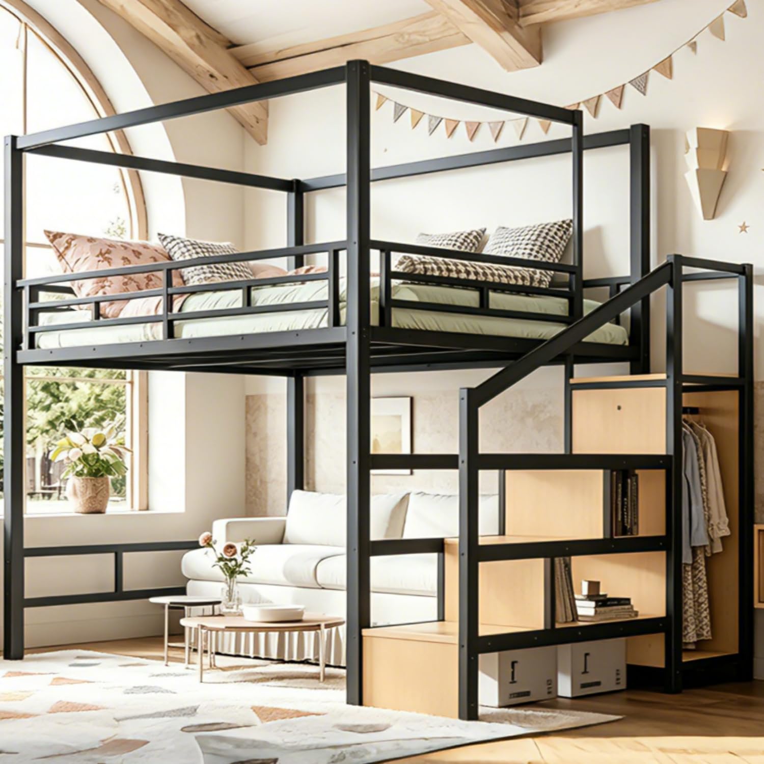 Cama alta Queen con escaleras  - Canopy Bed Frame Metal Queen reseña y precio